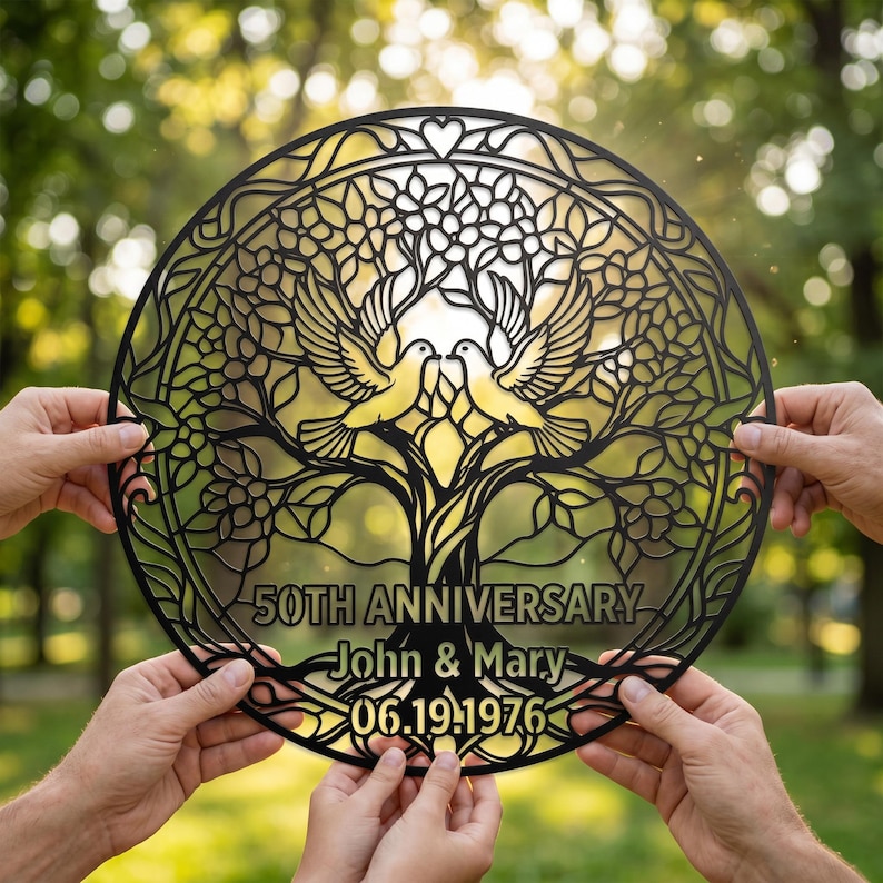 May include: A circular black metal wall art piece featuring a tree with two doves perched in the branches. The design includes the text 50TH ANNIVERSARY, John & Mary, and 06.19.1976. The intricate cutout pattern is framed by a decorative border.