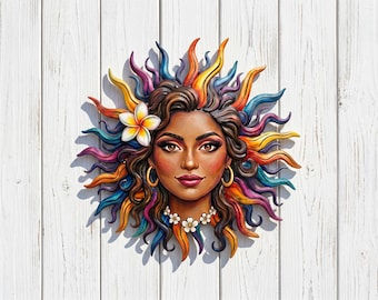 Individuelles Portrait Metall Wandkunst • Personalisiertes Frauen Gesicht vom Foto • Buntes Boho Sun Dekor