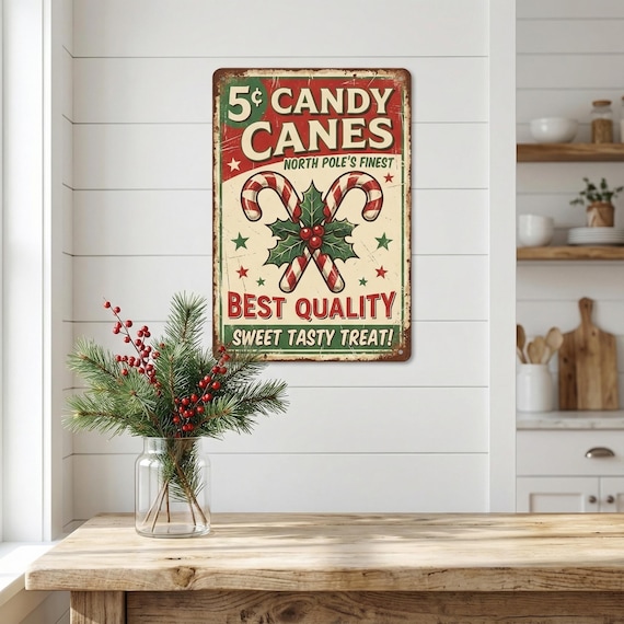 Christmas Candy Cane Metal Sign • Retro Holiday Wall Art • Vintage Festive Décor Gift