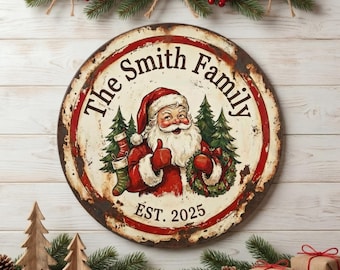 Personalisiertes Weihnachtsmetallschild • Benutzerdefinierte Familienname Santa-Zeichen • Vintage Rustikaler Urlaub Dekor