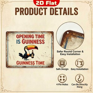 Op de afbeelding: Een metalen bord in vintage-stijl met de tekst "OPENING TIME IS GUINNESS" en "GUINNESS TIME". Het toont een toekan die een Guinness-fles vasthoudt. Het bord heeft een verweerde uitstraling, met details over veilig ontwerp, eenvoudige installatie en 4 gaten.
