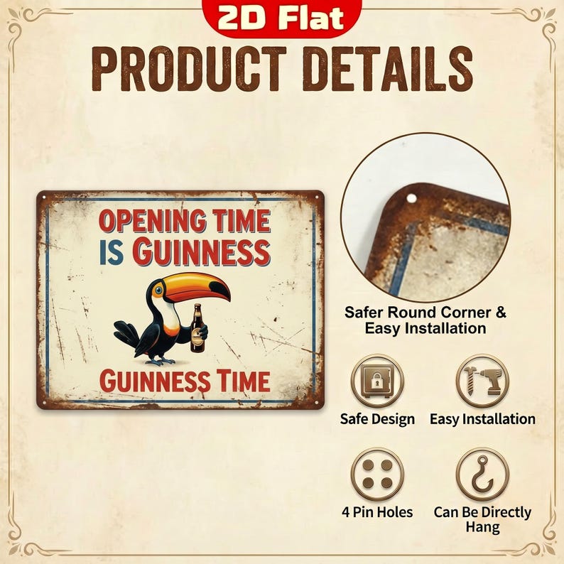Op de afbeelding: Een metalen bord in vintage-stijl met de tekst "OPENING TIME IS GUINNESS" en "GUINNESS TIME". Het toont een toekan die een Guinness-fles vasthoudt. Het bord heeft een verweerde uitstraling, met details over veilig ontwerp, eenvoudige installatie en 4 gaten.