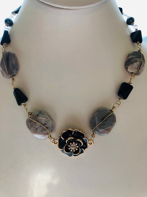 Black Sardonyx Birthday Present Sardonyx Necklace Gray Mother of Pearl Necklace Women Gift Natural Gemstones