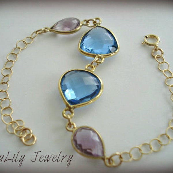 Gold Bracelet, Gemstone Bracelet, Chain Link Bracelet, Blue, Purple, 14kt Jewelry