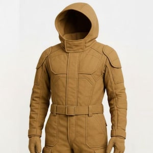 Futurystyczny taktyczny kombinezon z kapturem w kolorze jasnobrązowym