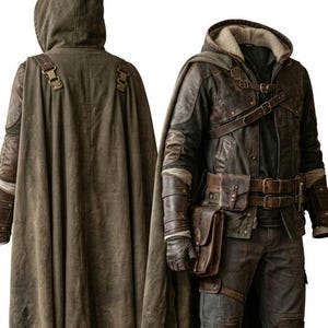 Può includere: Un costume dettagliato con mantello con cappuccio e giacca di pelle. L'outfit include un mantello marrone, guanti in pelle, pantaloni e stivali. La giacca ha un cappuccio foderato di pelliccia e più tasche. Il costume è progettato con fibbie e cinturini.