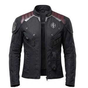 May include: A black tactical-style jacket featuring dark maroon shoulder panels, a silver compass-like emblem on the left chest, and a chevron patch on the right shoulder. The garment includes a high collar, ribbed chest detailing, and a front zipper.