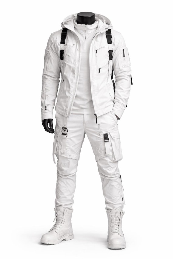 Futuristic White Tactical Jacket  Cargo Pants Set