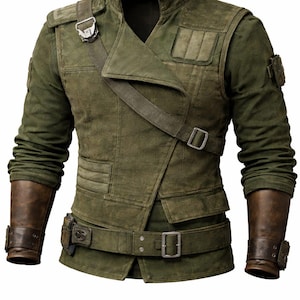 May include: An olive green jacket with a wrap-style front, shoulder strap, and multiple pockets. It has a high collar, belt, and brown leather arm cuffs. The jacket has a rugged, textured appearance.