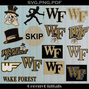May include: A digital download of 10 different Wake Forest Demon Deacons logos in black and gold. The logos include the school mascot, the school name, and the initials "WF".