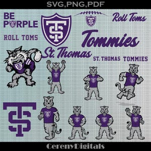 May include: A purple and gray mascot with a tiger-like appearance, wearing a purple shirt with a white letter "S" on it. The mascot is in various poses, including standing, running, and holding a football. The text "Be Purple", "Roll Toms", "Tommies", "St. Thomas", and "ST. THOMAS TOMMIES" is also included in the image.