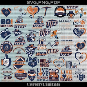 Puede incluir: Un collage digital de varios diseños con el logotipo de los Miners de la Universidad de Texas en El Paso. Los diseños incluyen las palabras "UTEP Miners", "Go Miners", "Live Love Miners" y "This Girl Loves Her Miners".