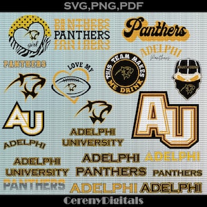 Puede incluir: Una descarga digital de 10 diseños gráficos con el texto "Panthers" y "Adelphi University" en varios estilos. Los diseños son en negro, blanco y dorado.