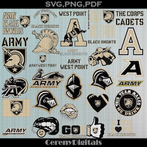 Puede incluir: Una descarga digital de 20 logotipos de los Army West Point Black Knights en negro y dorado. Los logotipos incluyen las palabras "Army", "West Point", "Black Knights" y "The Corps Cadets".