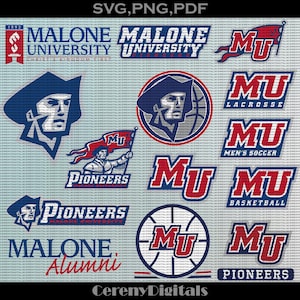 May include: A collection of Malone University logos and graphics in blue, red, and white. Includes the university name, the Pioneers mascot, and logos for sports teams like lacrosse, soccer, and basketball. The image also includes the text "SVG, PNG, PDF".