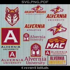 May include: A collection of logos for Alvernia University, featuring a red and gold colour scheme. The logos include a wolf head, the university's name, and the words "Golden Wolves" and "Athletics".