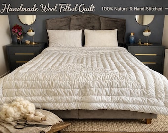 Handmade Wool Quilt – Made to Order, Custom Size Available, 100% Natural Merino Wool, Breathable All-Season Bedding