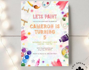Può includere: Un invito colorato per una festa di compleanno con un pennello, tubetti di vernice e una tavolozza. L'invito dice "Let's Paint" e "Cameron compie 5 anni".