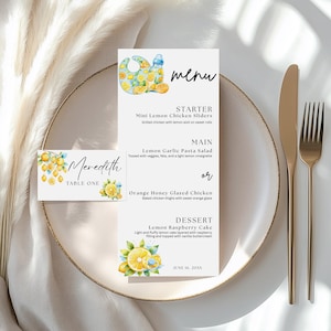 Tiny Citrus Baby Shower Menu + Food Place Card | 4x9&quot; Menu & 3.5x2&quot; Flat Card | Editable Templates A013