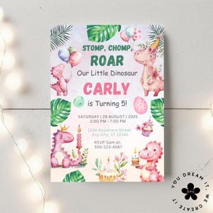 Editable Pink Dinosaur Birthday Party Invitation | Dinosaur Party Invite | Pastel Dinosaur Invitation| T-Rex Party Invite | Dino Girl Invite