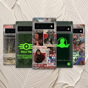 May include: A collection of phone cases with various designs. The cases feature imagery from a post-apocalyptic video game, including Vault-Tec logos, propaganda posters, and character illustrations. The color palette includes green, red, and black.