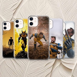 May include: Five phone cases featuring Wolverine from the X-Men. The cases display various images of the character in action poses, with yellow and blue costumes, and a forest background. The cases are clear and have a glossy finish.