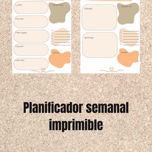 Puede incluir: Un planificador semanal imprimible en español con un esquema de color melocotón y marrón. El planificador está dividido en dos columnas, una para los días de la semana y otra para el fin de semana. Cada día tiene un espacio para tareas, objetivos y notas. El planificador está etiquetado como "Planificador Semanal Imprimible" y "Tamaño A4 (21 x 29.7)".