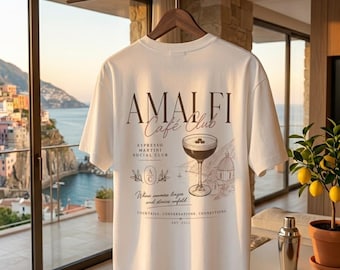 Camiseta Amalfi Cafe Club / Copa de cóctel vintage, escritura italiana costera