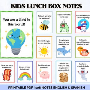 Könnte beinhalten: Druckbare Lunchbox-Notizen für Kinder mit positiven Botschaften in Englisch und Spanisch. Die Notizen zeigen bunte Illustrationen einer Glühbirne, einer Sonne, eines Hais, eines Superhelden, eines Regenbogens, eines Gehirns, von Keksen und einem Astronauten.