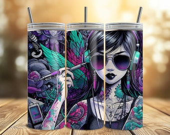 Envoltura para vaso delgado de 20 oz, diseño de sublimación de tinta, vaso recto, descarga digital instantánea PNG, envoltura para vaso de artista del tatuaje