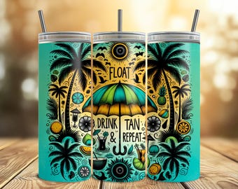 Float Drink Tan Repeat Tumbler Wrap, Summer Tumbler Wrap, Funny Mom Png, Lake Life Tumbler, 20 oz Skinny Tumbler Sublimation Tie Dye Design