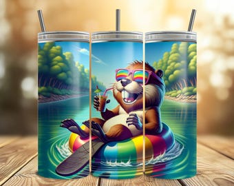 Cool Beaver 20 oz Tumbler Wrap, Summer Vibes, Funny Animal, River Tubing Scene, Trendy Design, Beaver with Attitude Design