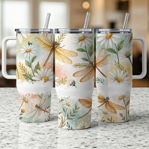 Floral Dragonfly 40oz Tumbler Wrap, Dragonflies Sublimation Tumbler Design, 40oz Png Digital Download, Flowers Nature 40oz Tumbler