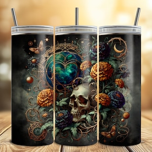Skull Flower Tumbler Wrap, Gothic Skull 20 oz Skinny Straight Sublimation Tumbler Design, Spooky Skeleton PNG Digital Download