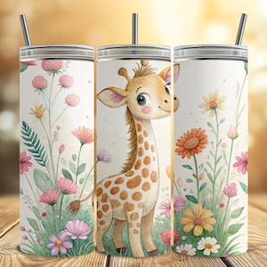 Giraffe Tumbler Wrap, Watercolor Flowers, 20 oz Skinny Tumbler png, Animal Design, Cute Giraffe, Floral Tumbler, Tumbler Design