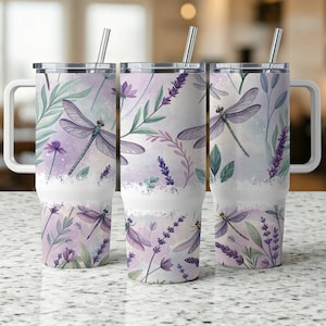Floral Dragonfly 40oz Tumbler Wrap, Dragonflies Sublimation Tumbler Design, 40oz Png Digital Download, Flowers Nature 40oz Tumbler