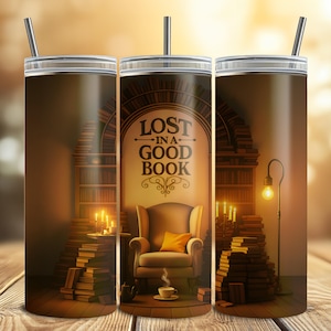 Kubek termiczny Book Lover 20 oz, projekt kącika czytelniczego, przytulna scena w bibliotece, zagubiony w dobrej książce, prezent dla bibliotekarza, prezent dla czytelnika, przytulny kubek