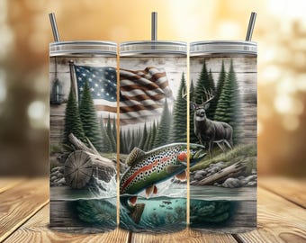 American Flag Trout Fishing Deer Camo Seamless Tumbler Wrap 20oz Skinny ...