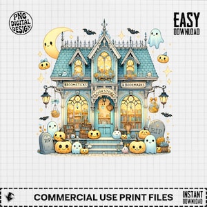Haunted Fall Bookstore PNG, Trendy Cute Halloween Spooky Ghosts Cozy Bookish Library Sublimation Design for Stickers and Shirts
