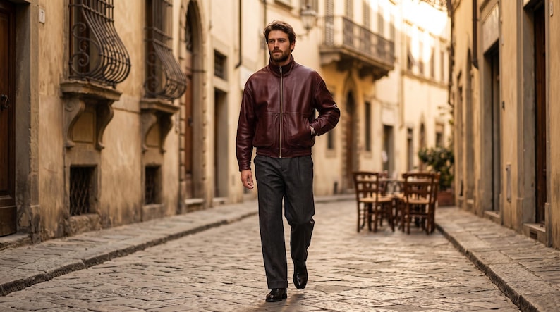 May include: A dark burgundy leather jacket with a high collar and a central zipper closure, paired with charcoal gray trousers and black leather shoes. The jacket features long sleeves with ribbed cuffs and a smooth, polished finish throughout.