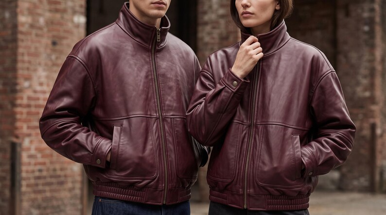 May include: Two matching deep burgundy leather jackets featuring a high stand-up collar, a full-length front zipper, and two side pockets. The jackets have long sleeves with buttoned cuffs and a ribbed elastic hem at the waist for a structured fit.