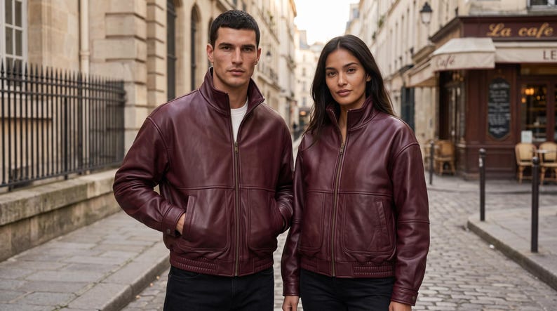 May include: Two matching burgundy leather jackets with high collars, full-length front zippers, and two large front pockets. The jackets feature long sleeves with ribbed cuffs and a ribbed hem, providing a structured fit with a smooth finish.