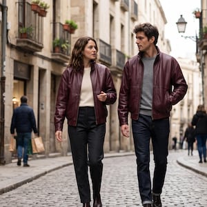 May include: Two individuals walking on a cobblestone street, both wearing matching dark burgundy leather bomber jackets. One wears a cream-colored sweater and dark trousers, while the other wears a gray sweater and dark blue denim jeans.