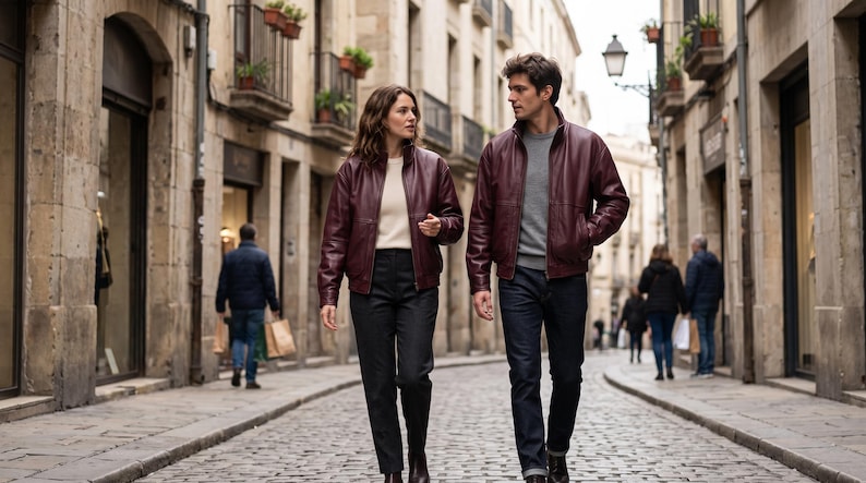 May include: Two individuals walking on a cobblestone street, both wearing matching dark burgundy leather bomber jackets. One wears a cream-colored sweater and dark trousers, while the other wears a gray sweater and dark blue denim jeans.