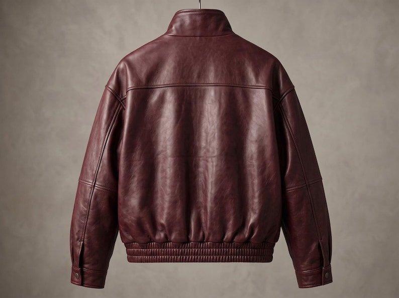 May include: A deep burgundy leather jacket featuring a stand-up collar, long sleeves with buttoned cuffs, and a ribbed elasticized hem. The back panel displays horizontal seam detailing across the shoulders and a smooth, consistent finish throughout.