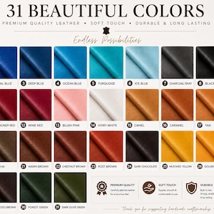 May include: A color chart displaying 31 leather swatches labeled with numbers and names including Navy Blue, Royal Blue, Deep Blue, Ocean Blue, Turquoise, Ice Blue, Charcoal Gray, Black, Deep Black, Bright Red, Burgundy Red, Wine Red, Blush Pink, Ivory White, Camel, Caramel, Tan, Light Cognac, Taupe, Mocha, Warm Brown, Chestnut Brown, Rust Brown, Dark Chocolate, Mustard Yellow, Golden Yellow, Cream Beige, Medium Brown, Espresso Brown, Forest Green, and Dark Olive Green.