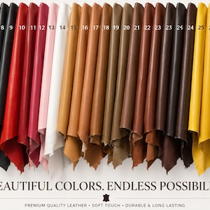 May include: A collection of 31 leather swatches arranged in a row, displaying a spectrum of colors from blue, red, and pink to white, tan, brown, yellow, and green. Each swatch is numbered. The text reads: 31 BEAUTIFUL COLORS. ENDLESS POSSIBILITIES.