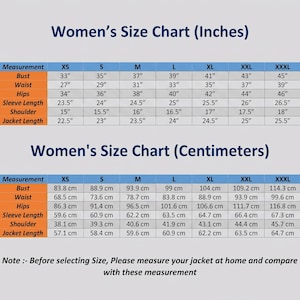 May include: A size chart for jackets featuring two tables with measurements in inches and centimeters. The chart lists sizes from XS to XXXL for bust, waist, hips, sleeve length, shoulder, and jacket length, with a note to measure before selecting.