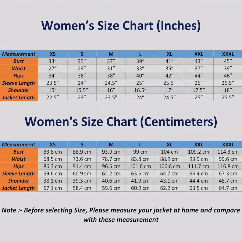 May include: A size chart for jackets featuring two tables with measurements in inches and centimeters. The chart lists sizes from XS to XXXL for bust, waist, hips, sleeve length, shoulder, and jacket length, with a note to measure before selecting.