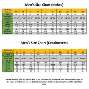 May include: A size chart table with two sections, one in inches and one in centimeters, displaying measurements for sizes XXS through 5XL. The chart includes rows for chest, waist, sleeves, biceps, shoulder, cuff round, and back length measurements.